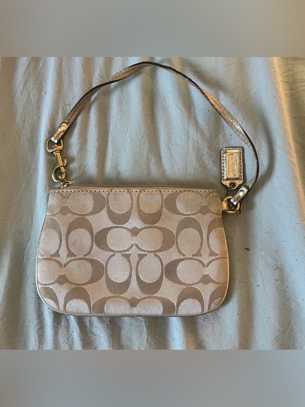 Coach Neutral Signature Jacquard Wristlet in Taupe and Metallic